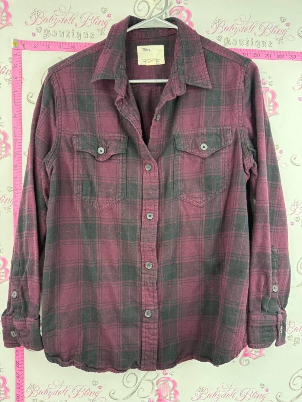 Tilley button up long sleeves red Pink and Gray Plaid Button-Down Shirt